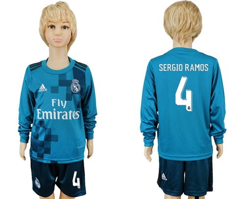 Real Madrid #4 Sergio Ramos Sec Away Long Sleeves Kid Soccer Club Jersey - Click Image to Close